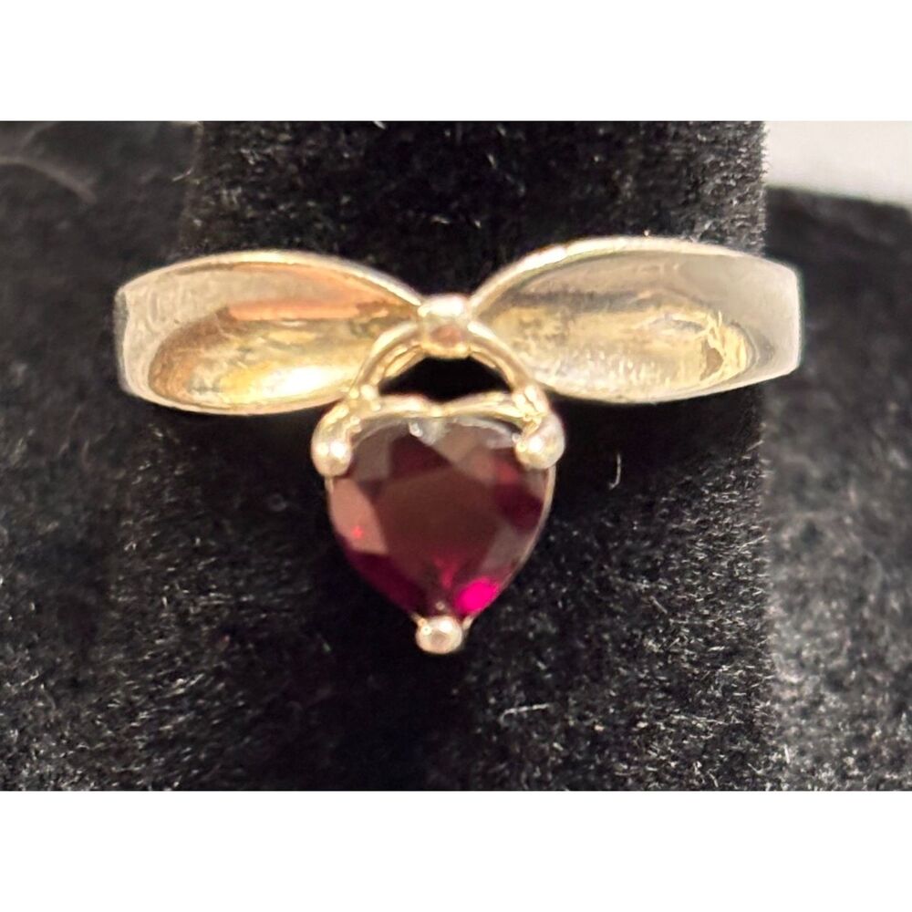 Vintage Avon 925 Silver Garnet Heart Dangle Bow Ring Sz 7